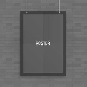 Empty black A4 sized vector paper mockup hanging with paper clips. Show you.. Stock Illustration