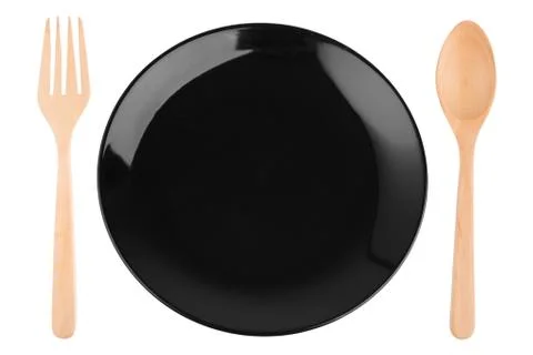 Empty black caramic celadon dish and spoon fork Stock Photos