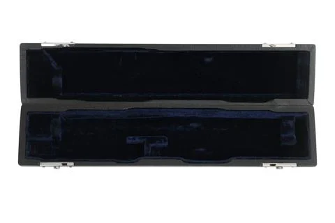 Empty black case for musical instrument flute. Hard velvet lined container .. Stock Photos