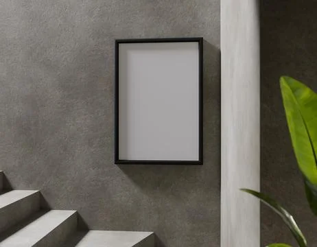 Empty black framed poster on a concrete wall, next to stairs and a plant Stock Illustration