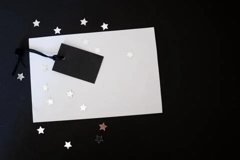 Empty Black Friday label in starry black background . Space for text. Stock Photos