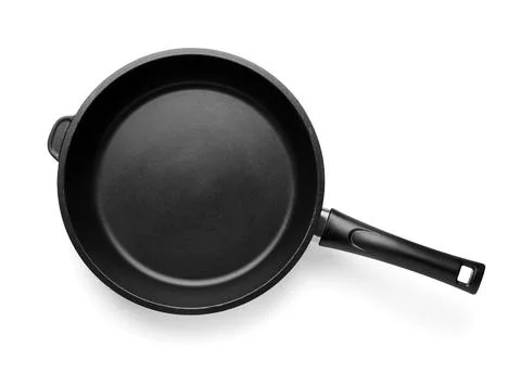 Empty black frying pan with non-stick coating and ergonomic handle for home c Stock Photos