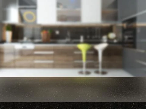 Empty black granite desk with blurred kitchen background Stock Illustration
