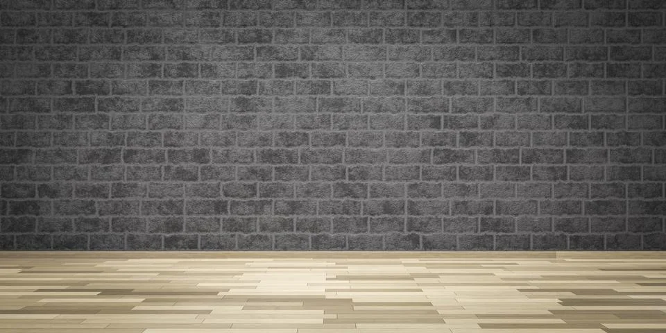 Empty black interior room brick wall and wooden floor 3d render illustration Stock Illustration