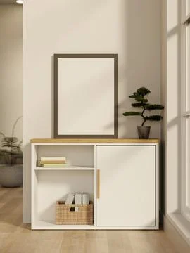 Empty black photo frame and bonsai tree pot on wooden top cabinet aside whi.. Stock Illustration
