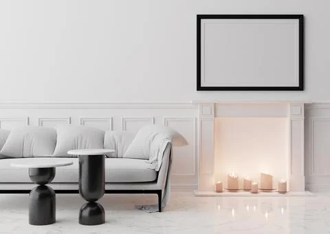 Empty black picture frame on white wall in modern living room. Mock up interi Stock Photos