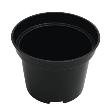 Empty black plastic flowerpot isolated on white background. Garden containe.. Stock Photos