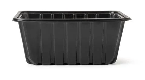 Empty black plastic food container on white background Stock Photos