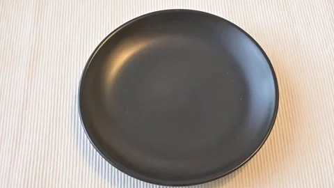 Empty Black Plate on Table, Minimal Food Concep Stock Footage 336898070