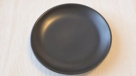 Empty Black Plate on Table, Minimal Food Still Life Stock Footage 337014563