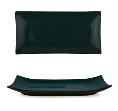 Empty black rectangle ceramic plate isolated on white background. Stock Photos