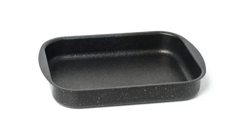 Empty black rectangular non-stick oven tray isolated on white background, top 스톡 사진