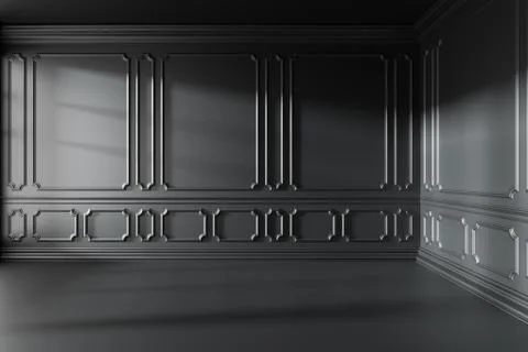 Empty black room with classic style decoration on walls. Illustrazione stock