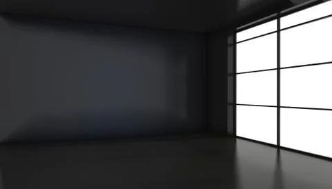 Empty black room with large stained glass windows. 3D rendering Stock-Illustration
