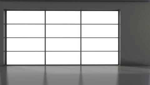 Empty black room with large stained glass windows. 3D rendering Illustrazione stock