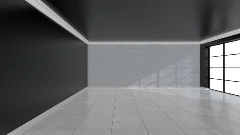 Empty black room with large stained glass windows. 3D rendering Illustrazione stock