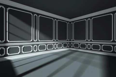Empty black room with white classic style decor on walls wide angle Stock Illustration