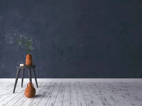 Empty black rustic room with old stool, clay vase with tree limbs and candle 3d Stock Illustration