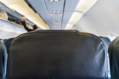 Empty Black seats inside Airplane, Back seat in Airplane Stock Photos