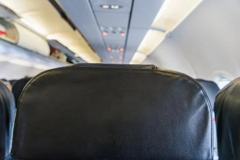 Empty Black seats inside Airplane, Back seat in Airplane Stock Photos