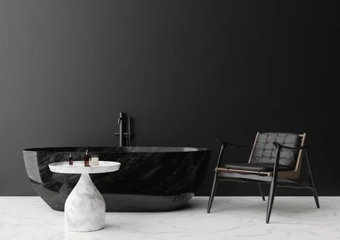 Empty black wall in modern and luxury bathroom. Mock up interior in classic s Stock Photos