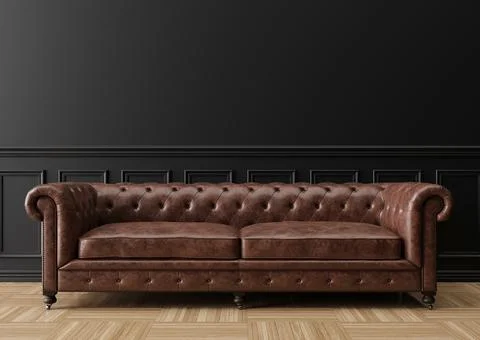 Empty black wall in modern living room. Mock up interior in classic style. Fr Stock Photos