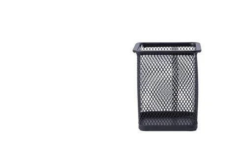 Empty black wire mesh square pen holder isolated on a white background Stock Photos