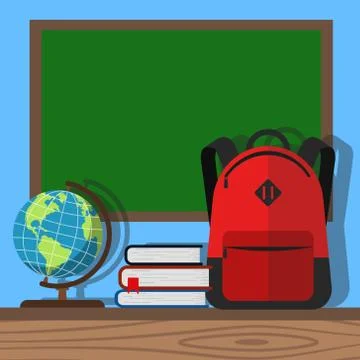 Empty blackboard with backpack and books on the sides. Vector. Stock Illustration