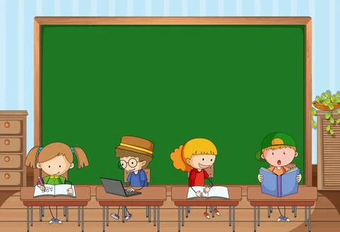 Empty blackboard in classroom scene with many kids doodle cartoon character Stock Illustration