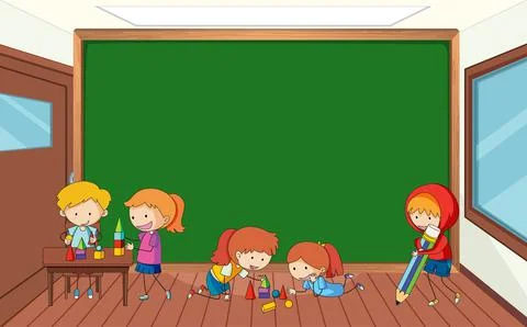 Empty blackboard in classroom scene with many kids doodle cartoon character Stock Illustration