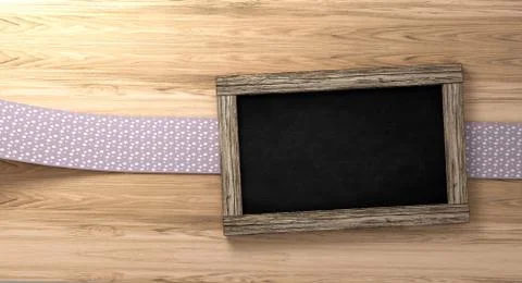 Empty blackboard on rustic wooden background with loop tape 3d Rendering Illustrazione stock
