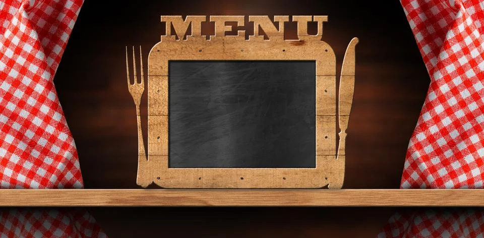 Empty Blackboard with Text Menu and Cutlery on Wooden Table Stock Illustration