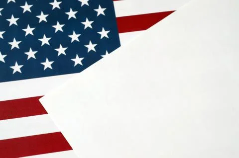 Empty blank a4 paper document on United States flag close up. Template for de Stock Photos