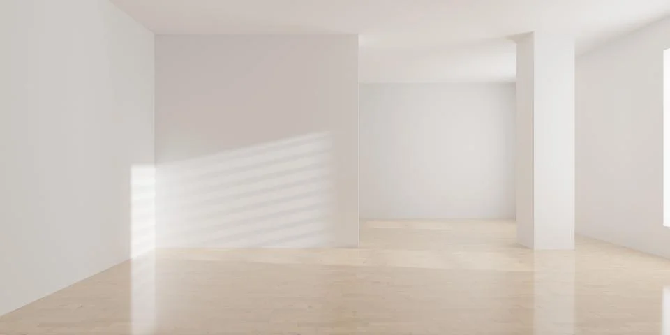 Empty blank bright room background with sun shadow thru windows and wooden .. Stock Illustration