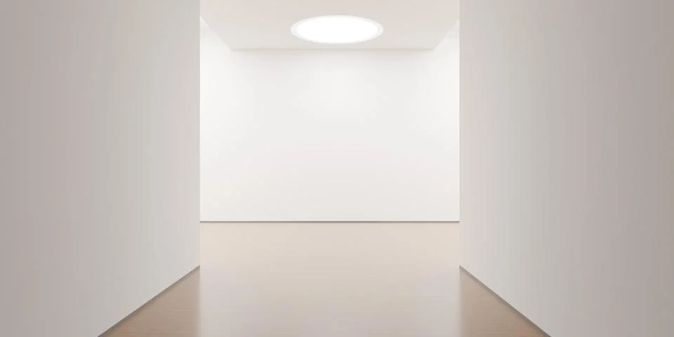 Empty blank bright room background with round light ceiling panel and woode.. Stock Illustration