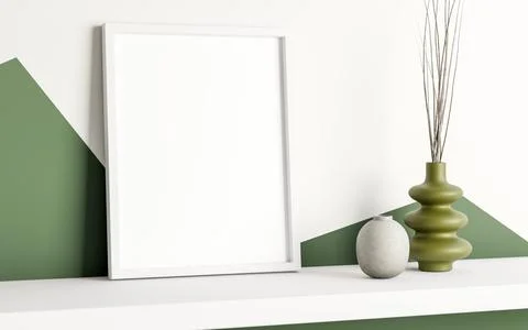 Empty blank frame and pagoda flower vase on hanging floating shelf in a whi.. Stock Illustration