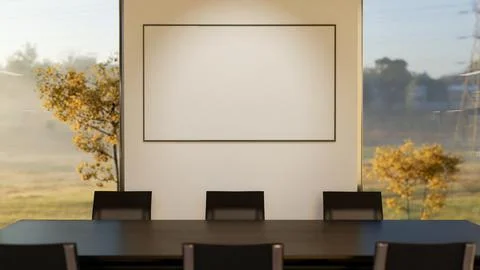 Empty blank frame on wall between two glass doors of a meeting room with bl.. Illustrazione stock