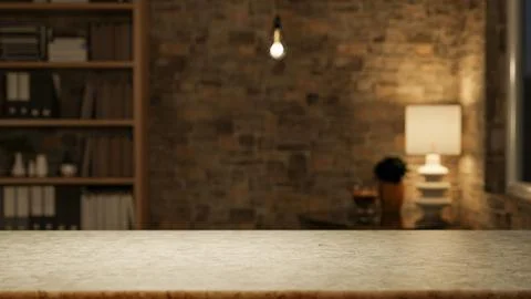 Empty blank marble counter table across wooden bookshelf and lamp with ligh.. Stock Illustration