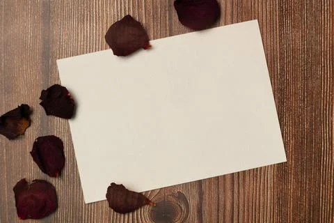 Empty blank paper sheet with rose petals on wooden background from above. S.. Stock Photos