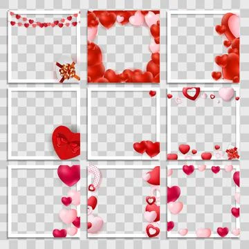 Empty Blank Photo Frame 3d set with Hearts Template for Media Post  in Social Stock Illustration