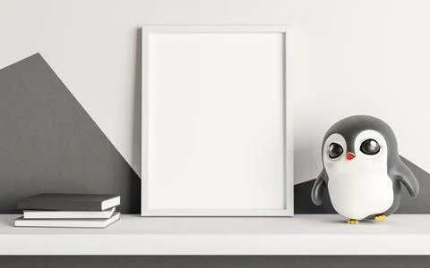 Empty blank photo frame with books and a penguin figure on hanging shelf in.. Stock Illustration