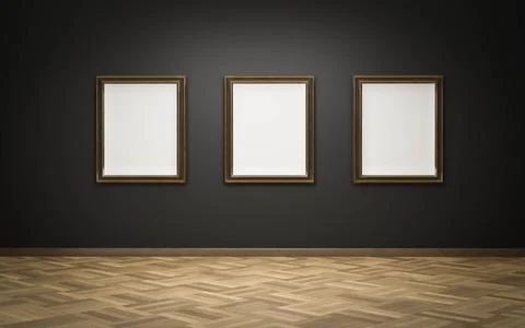 Empty blank picture frames in art gallery exhibition on dark wall and wooden Stock Illustration