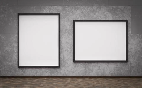 Empty blank poster with black frames on industrial concrete room wall with Stock Illustration