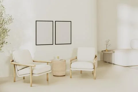 Empty blank poster frames mock up in modern living room interior in light bei Stockillustratie