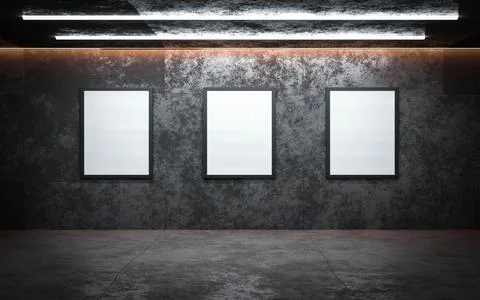 Empty blank posters in concrete subway hall tunnel 3d render illustration 스톡 일러스트