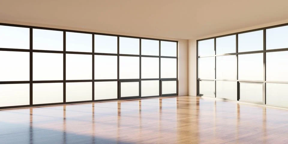 Empty blank room with big windows, wooden floor and sun lighting 3d render Stock Illustration
