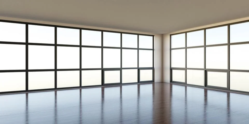 Empty blank room with big windows, wooden floor and sun lighting 3d render Stock Illustration