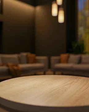 Empty blank round wooden table across sofa couch and ceiling lamp in dim li.. Stock Illustration