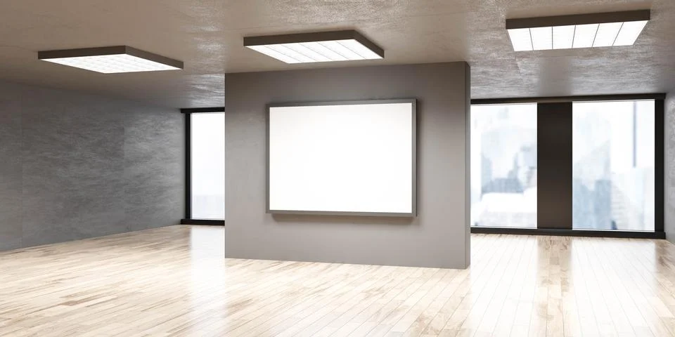 Empty blank wall in bright big office big windows with city urban view 3d render Stock Illustration