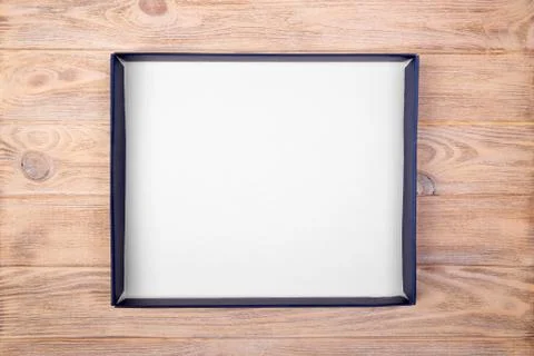 A empty blank white box on the desk table. top view Stock Photos